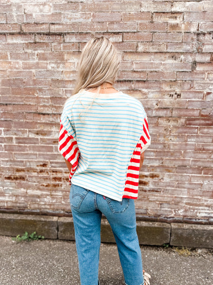 Lt blue/red/white stripe Oversize crop top