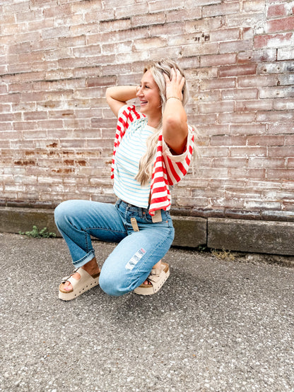 Lt blue/red/white stripe Oversize crop top
