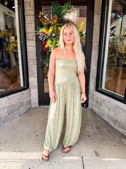 EE mineral wash strapless jumpsuit in olive