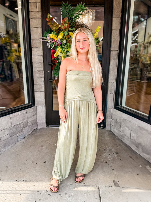 EE mineral wash strapless jumpsuit in olive