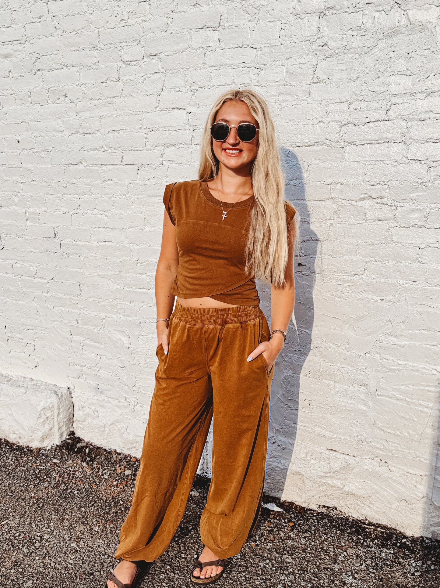 EE mineral washed short sleeve wrap top