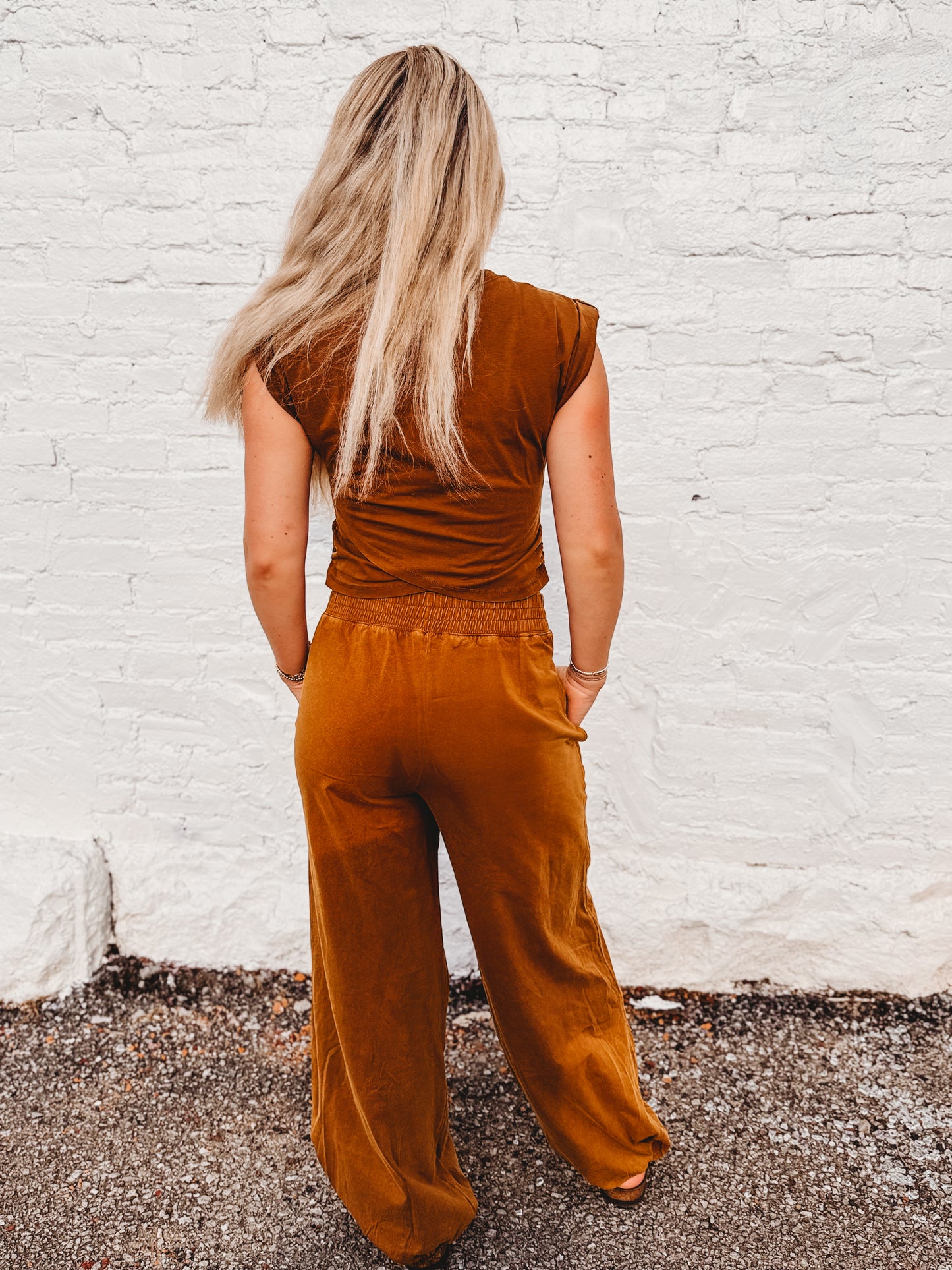 EE mineral washed short sleeve wrap top
