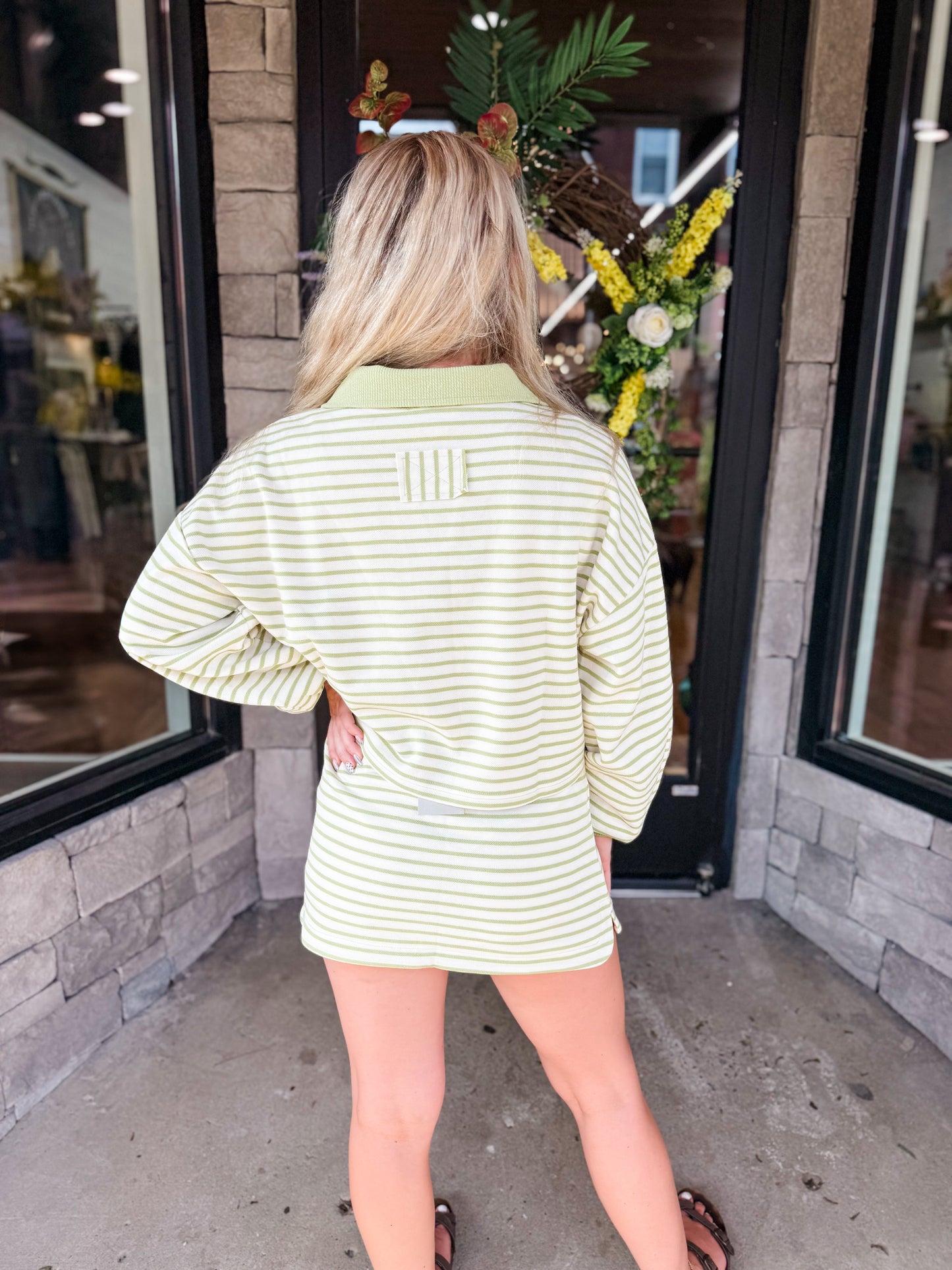 EE striped long sleeve cropped pullover in avocado