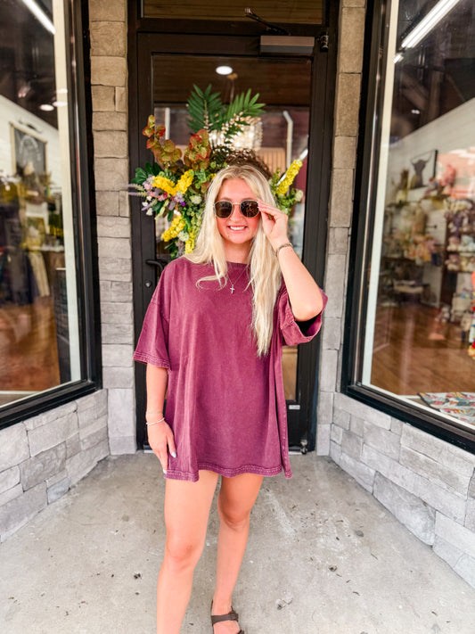 EAS short slv mineral washed faux pocket tee in eggplant