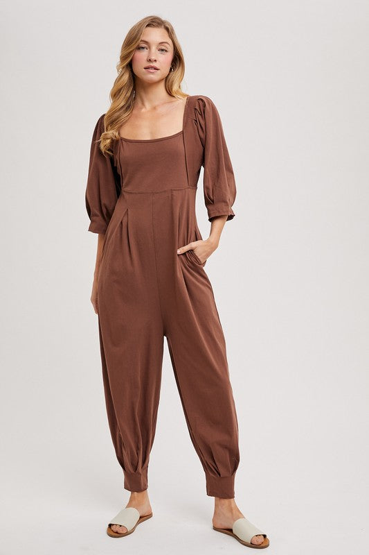 BI square neck pleated balloon sleeve open back baggy pants jumpsuit in mocha