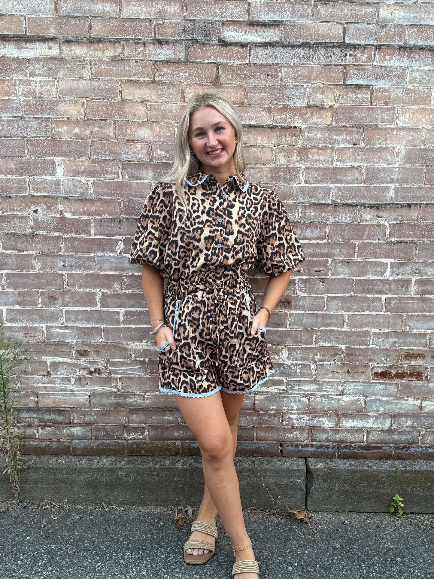 AW Leopard Romper w Blue Lace Trim