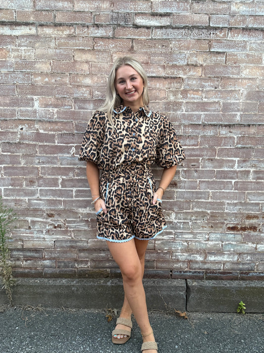 AW Leopard Romper w Blue Lace Trim
