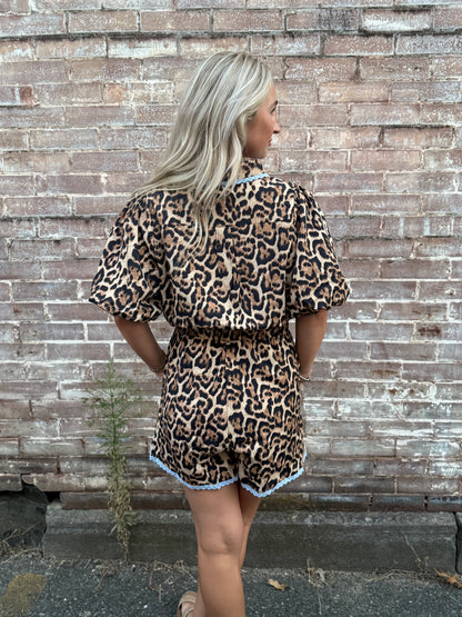 AW Leopard Romper w Blue Lace Trim