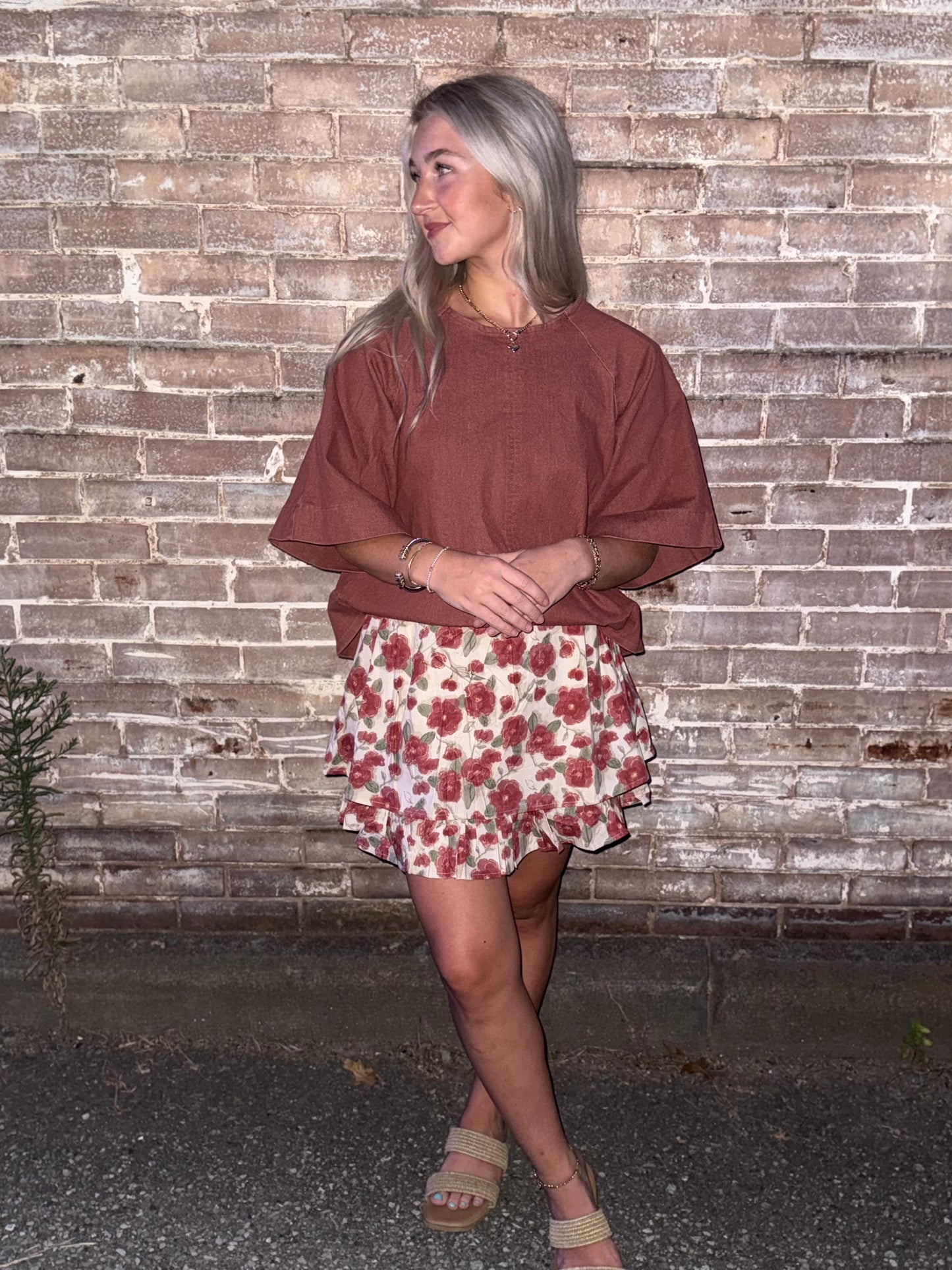 Floral print ruffled mini skirt