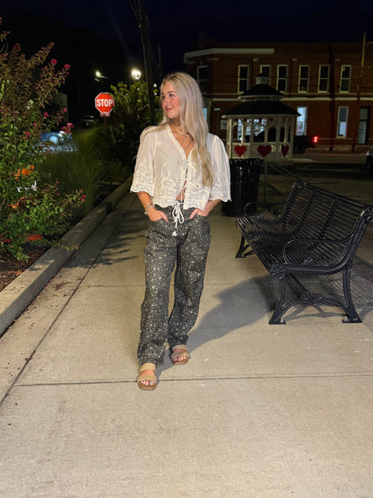 Ditsy print drawstring barrel leg loose pants