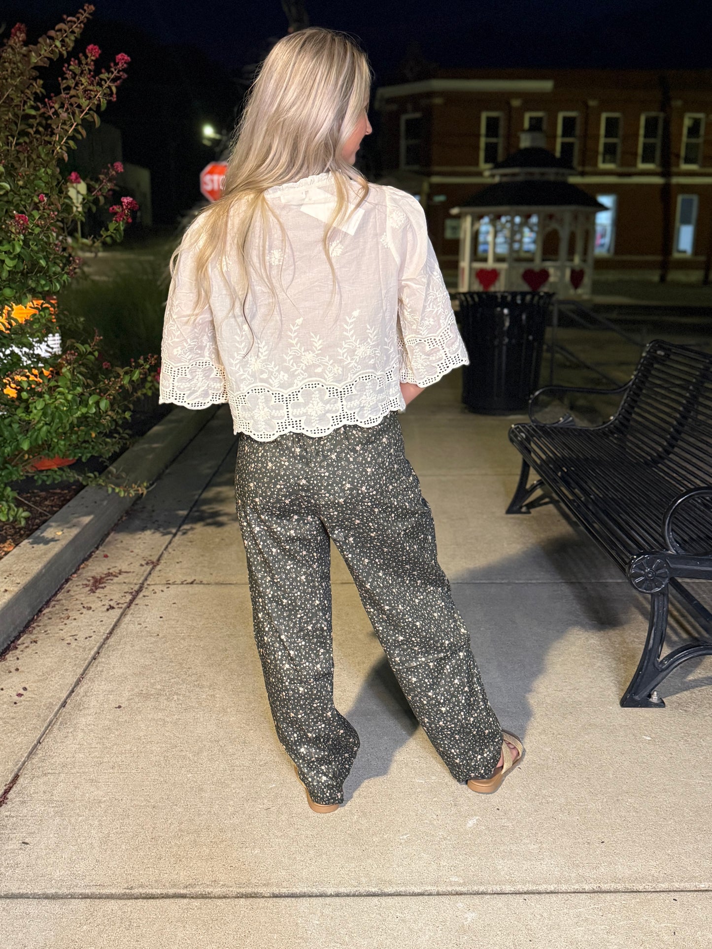 Ditsy print drawstring barrel leg loose pants
