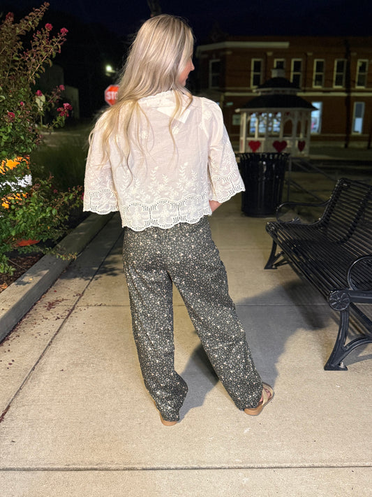 Embroidered tie front blouse