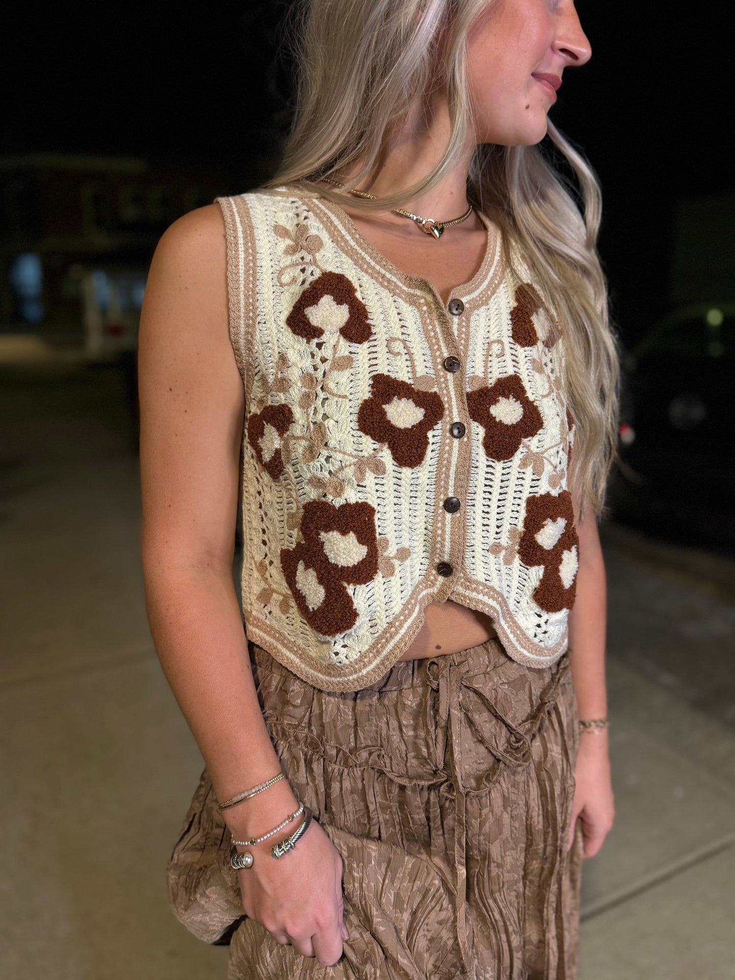 VEV Floral Crochet Vest