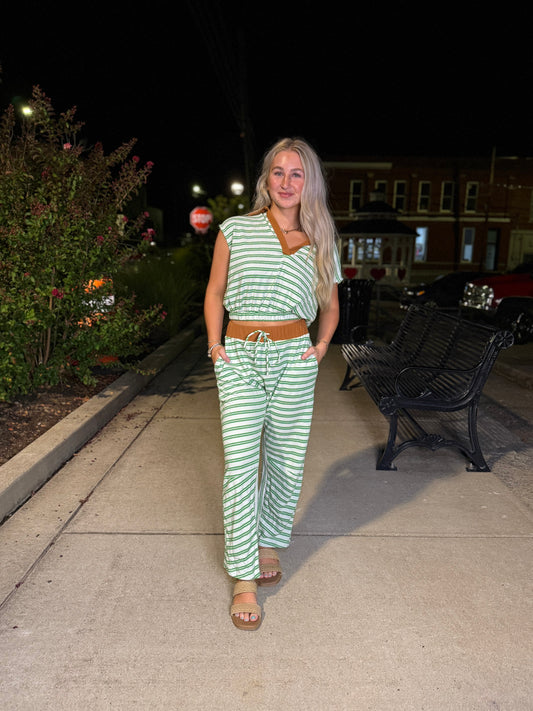 Stripe print collared green camel top