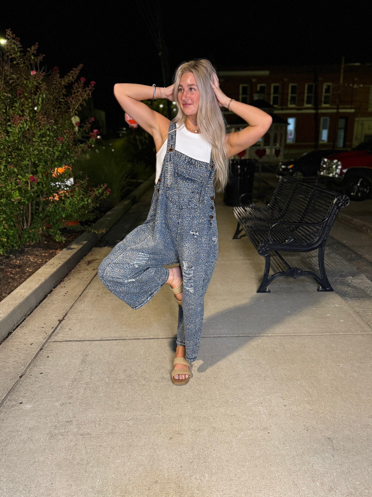 Denim blue leopard print overalls
