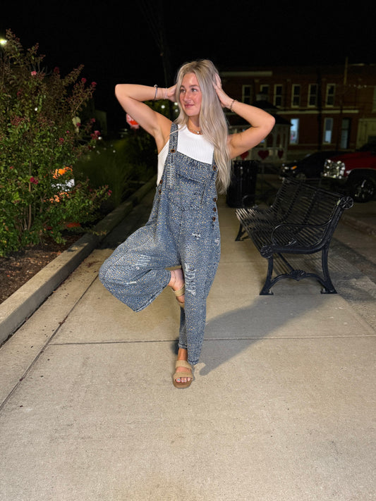 Denim blue leopard print overalls