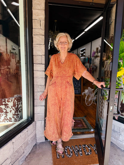 EE Short Sleeve V Neck Jumpsuit in SPICE