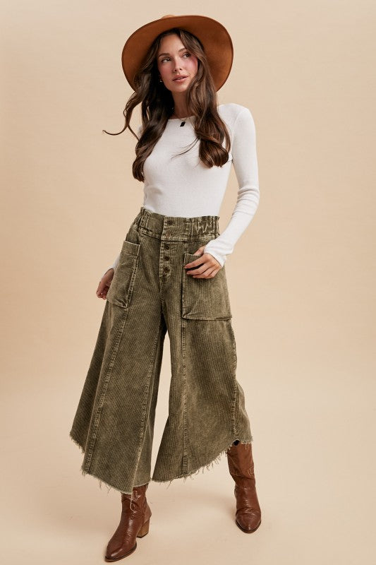 AW Cropped Fray Hem Cordurory Wide Pants-Olive