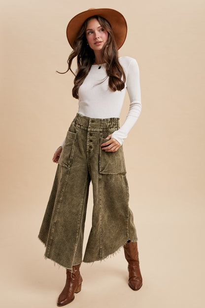 AW Cropped Fray Hem Cordurory Wide Pants-Olive