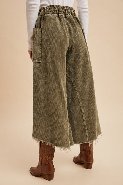 AW Cropped Fray Hem Cordurory Wide Pants-Olive