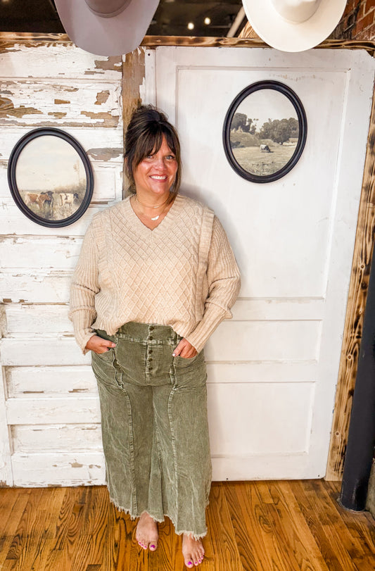 AW Cropped Fray Hem Cordurory Wide Pants-Olive