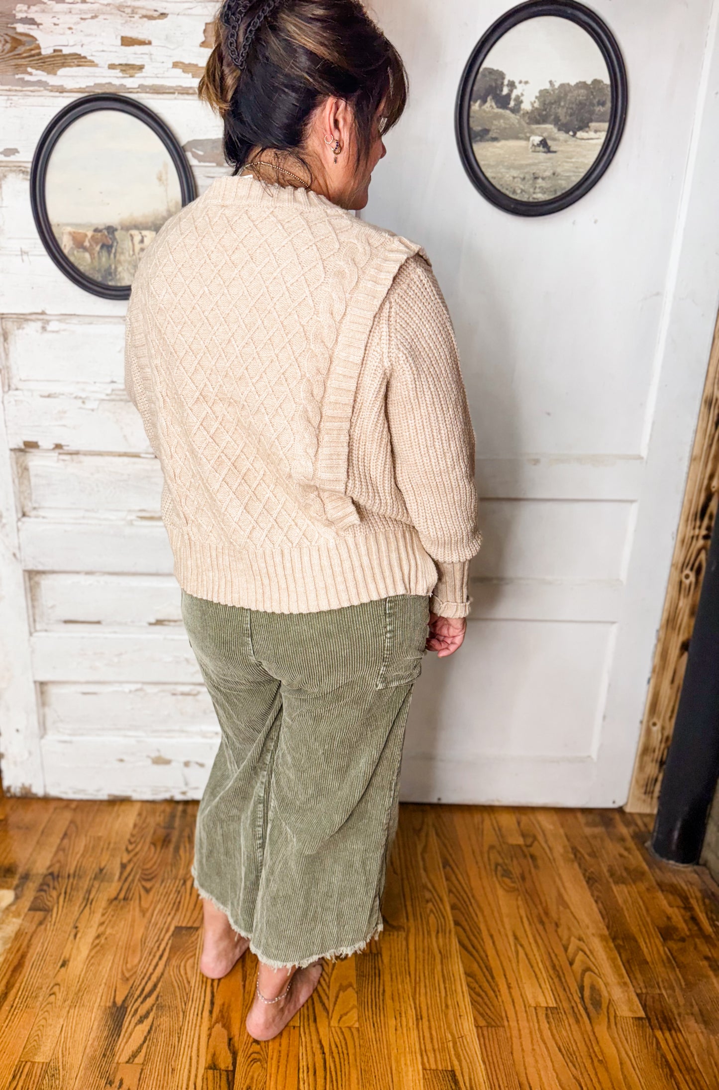 AW Cropped Fray Hem Cordurory Wide Pants-Olive