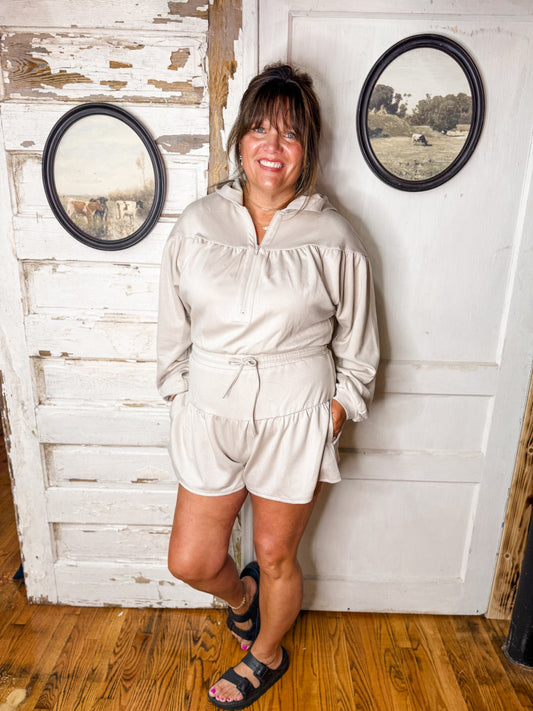 MA Zip Front Hooded Romper in Stone