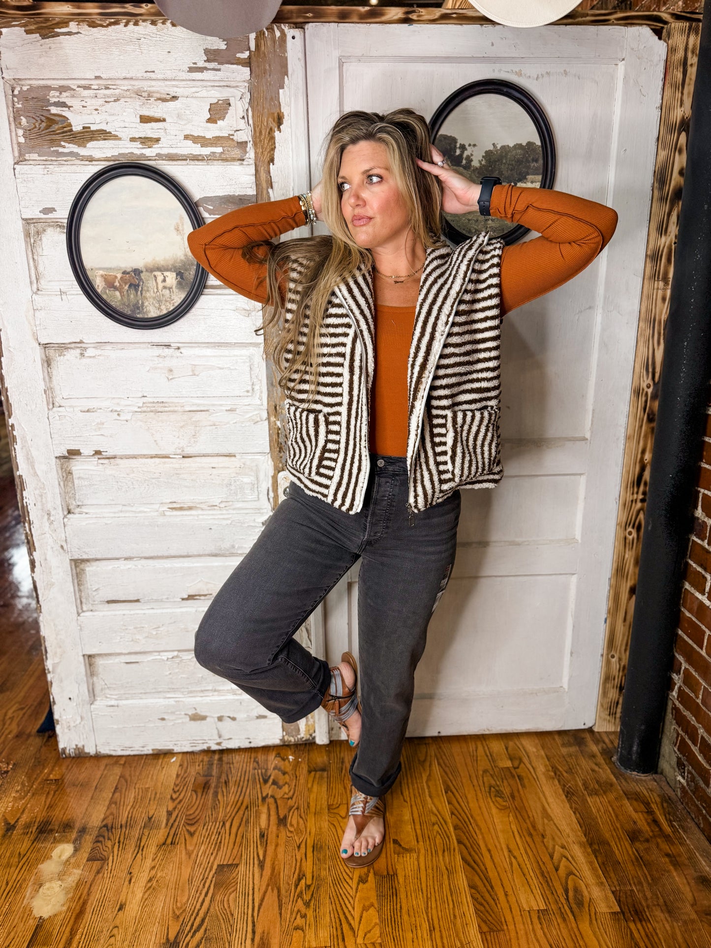 ITB  Brown/White Striped Sherpa Vest