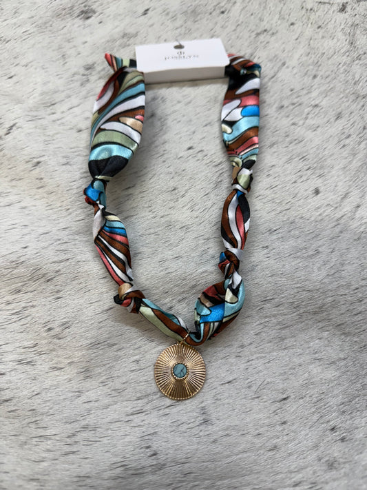 Multicolor scarf necklace with round turquoise charm