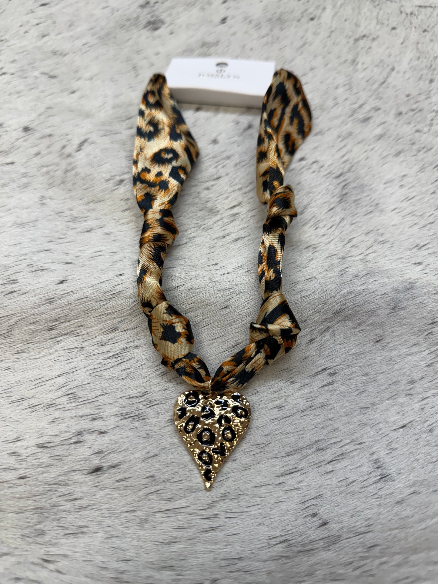 Leopard print scarf necklace w HEART charm