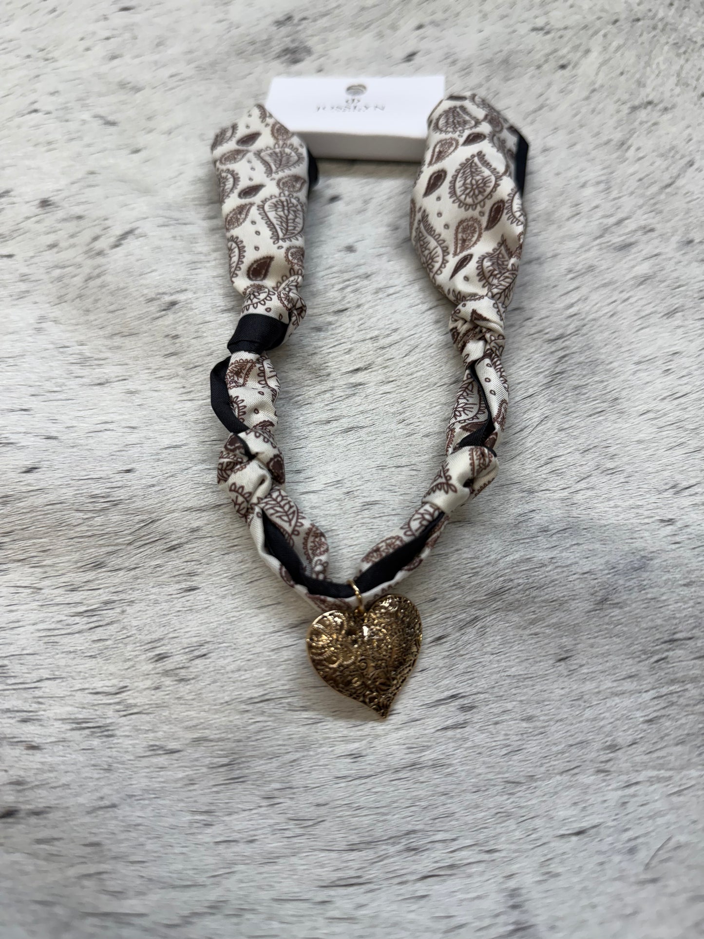 Cream/brown paisley scarf necklace w heart charm