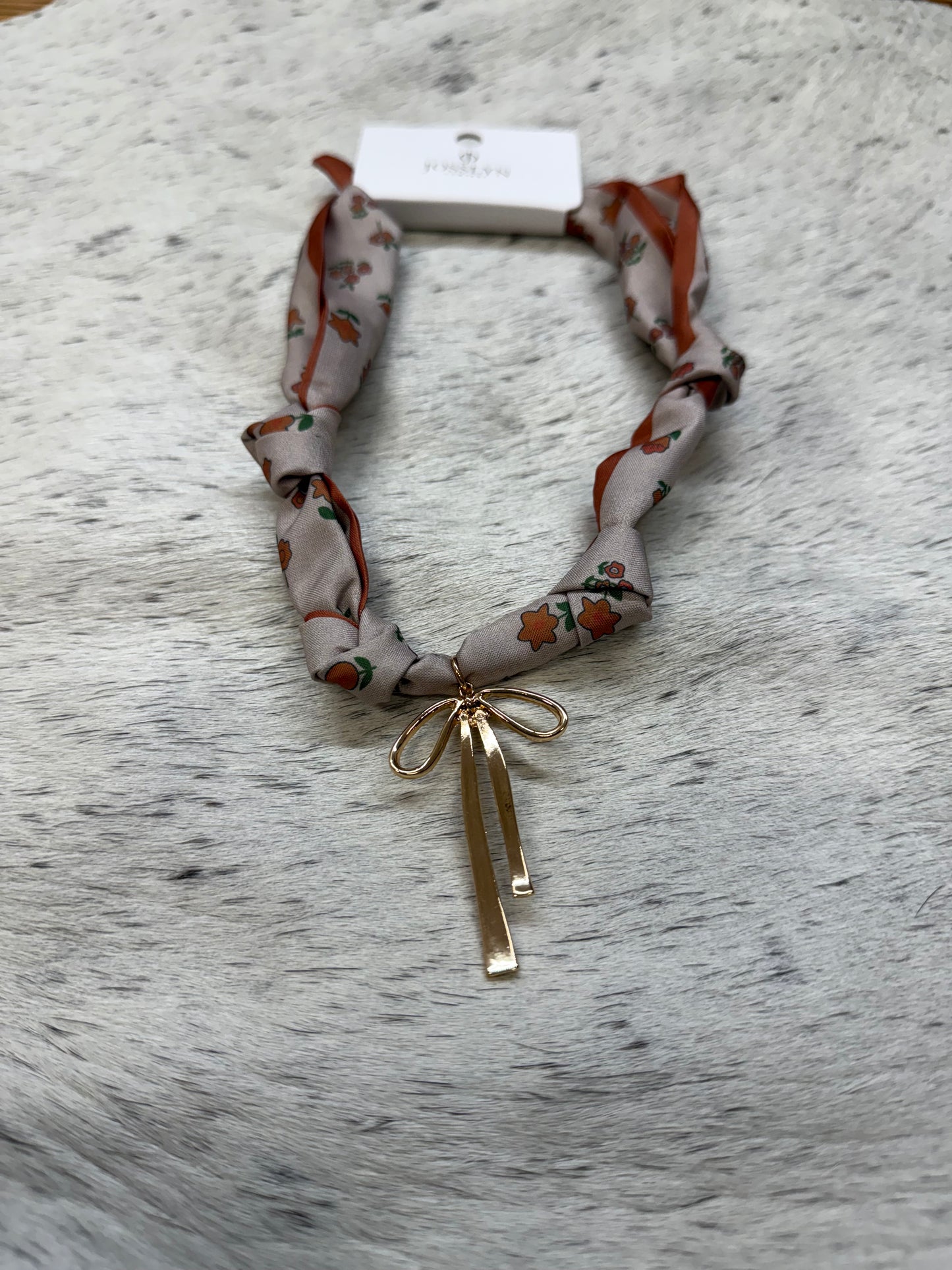 Taupe/orange floral scarf necklace w bow charm