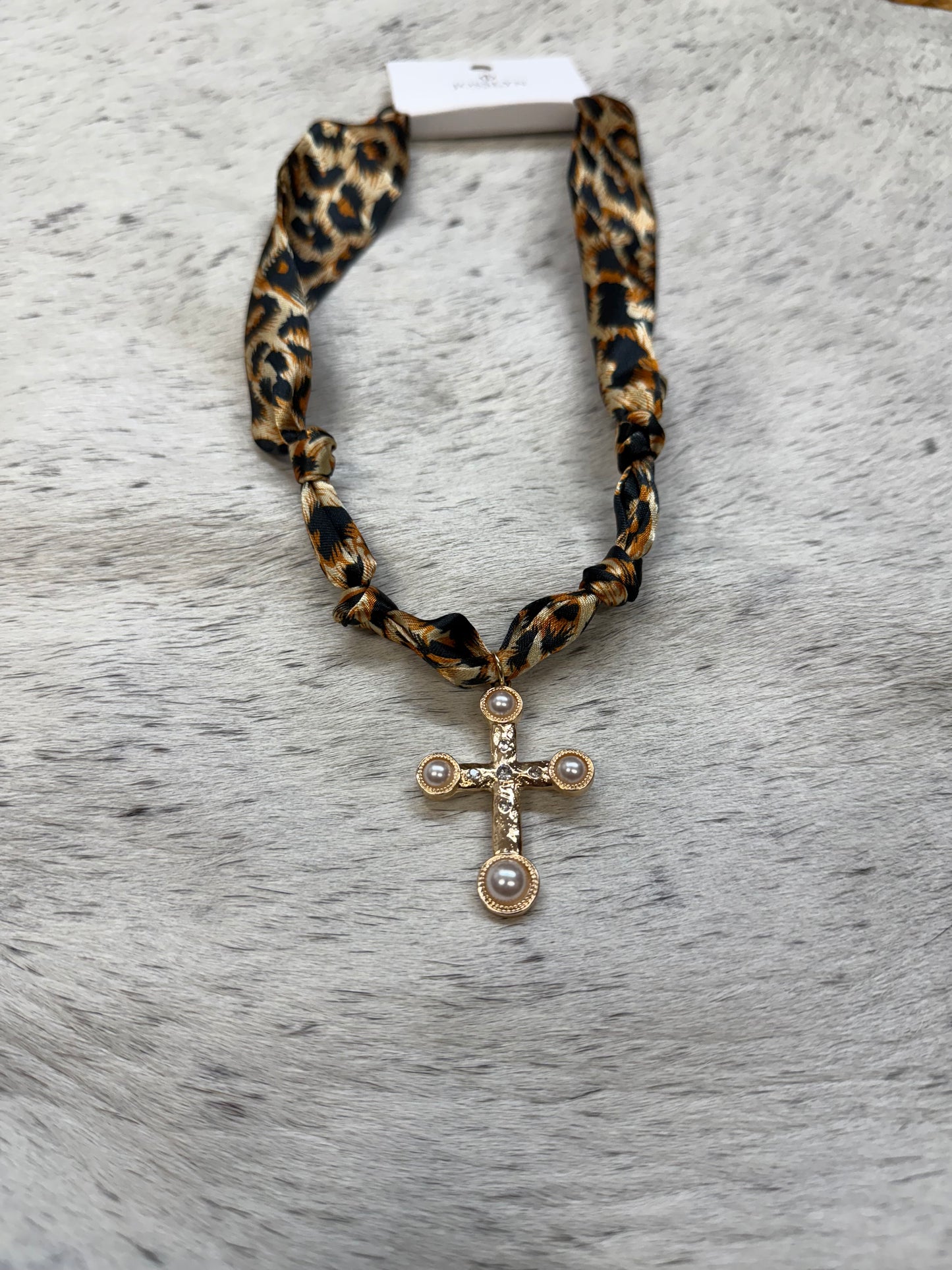Leopard scarf necklace w CROSS CHARM