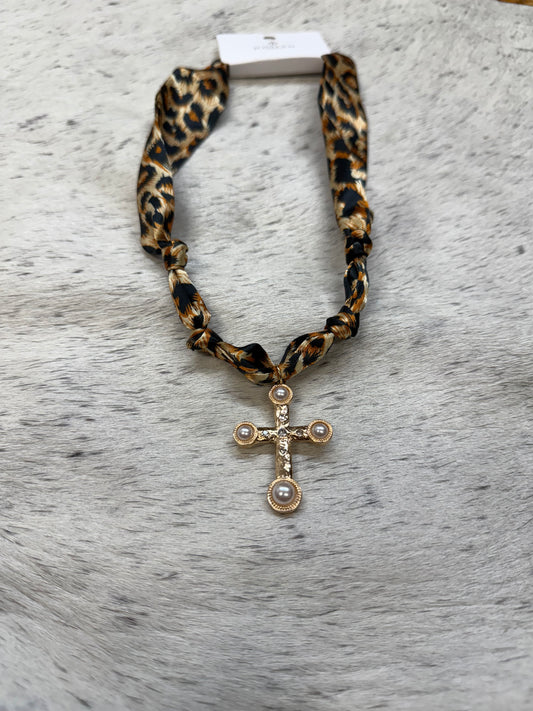 Leopard scarf necklace w CROSS CHARM