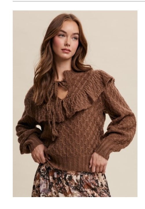 Ruffled Tie front Weaved Knit Sweater