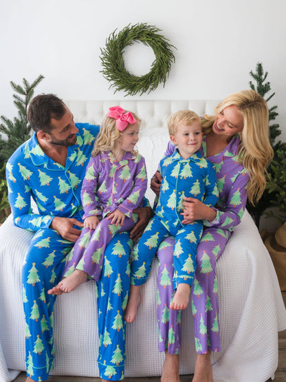 SoftSnooze™ Women's Bamboo Viscose Purple Twinkling Trees Long Sleeve Button Up Ruffle Flare Pajama Set