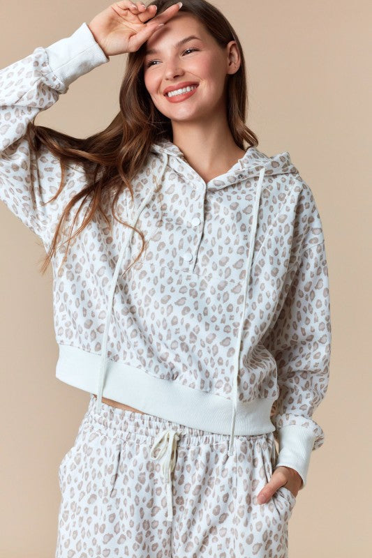 Beige Leopard Printed Fleece Hooded Sweatshirt