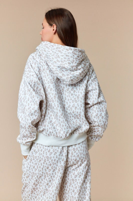 Beige Leopard Printed Fleece Hooded Sweatshirt