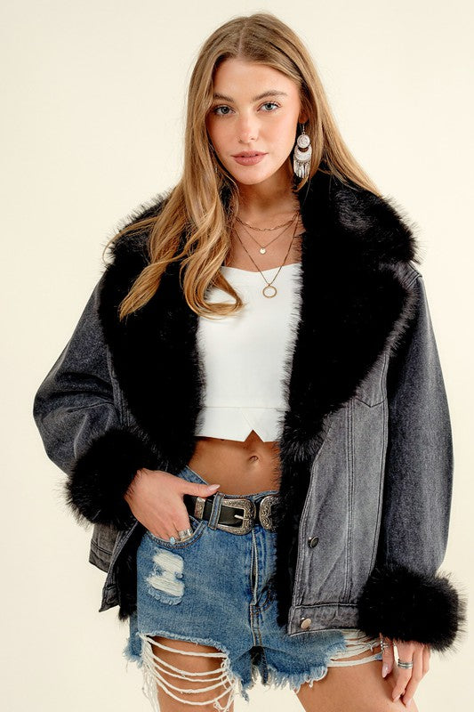BB Black Denim Fur Coat with Fur