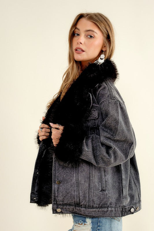 BB Black Denim Fur Coat with Fur