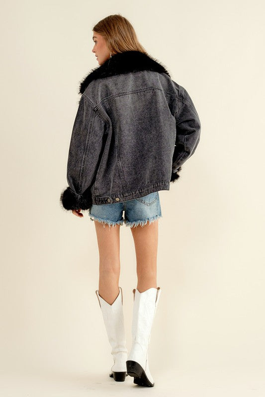 BB Black Denim Fur Coat with Fur
