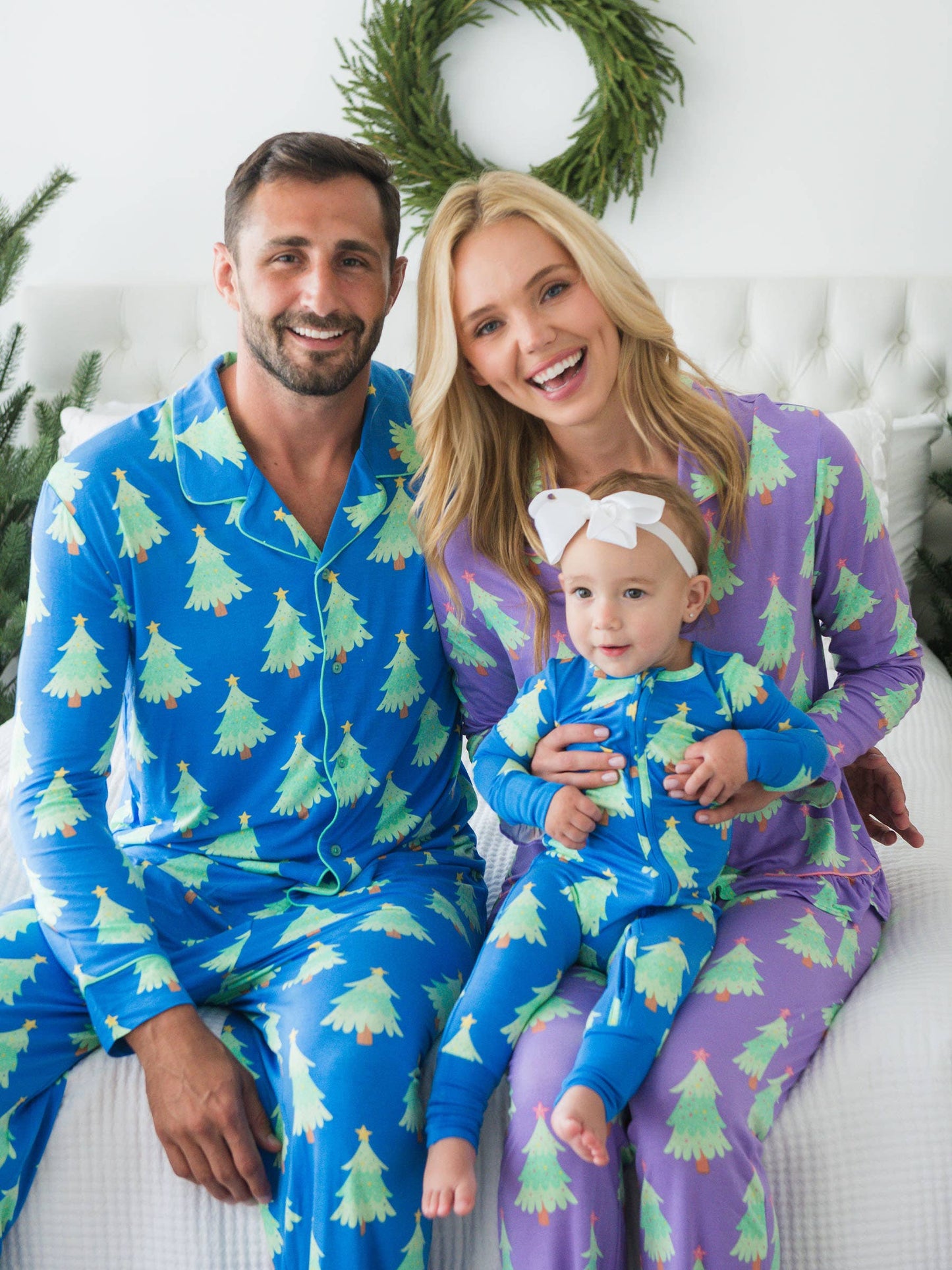 SoftSnooze™ Women's Bamboo Viscose Purple Twinkling Trees Long Sleeve Button Up Ruffle Flare Pajama Set