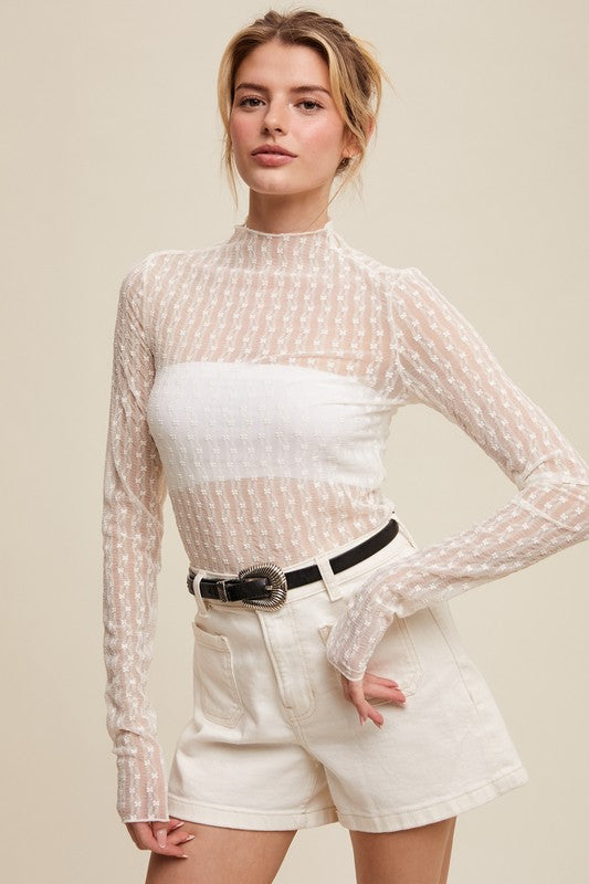 Ditsy Floral Mesh Top-ECRU