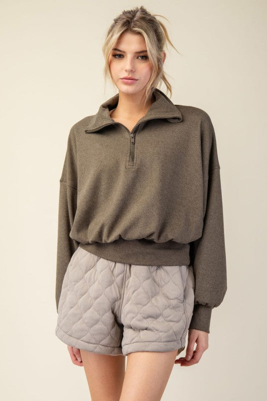 Curvy Rib Brushed Long Sleeve Quarter Zip Up