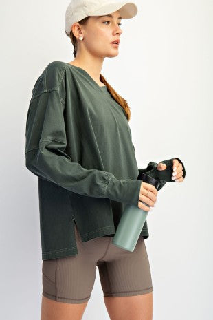 RM Pigment Washed V Neck Long Sleeve Top