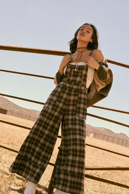 Plaid Flannel Wide-Leg Overalls