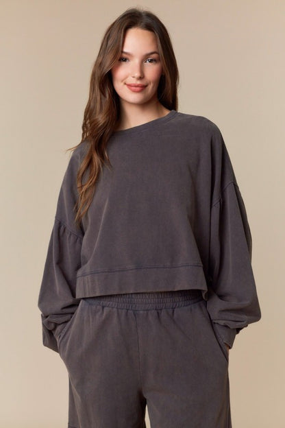 PL Washed Brown Ruffle Hem Crop Crew Neck