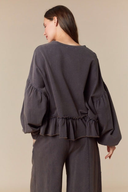 PL Washed Brown Ruffle Hem Crop Crew Neck